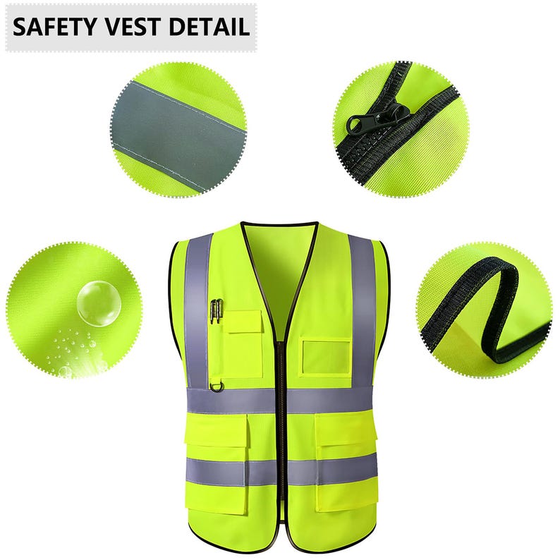 Puede incluir: Un chaleco de seguridad de alta visibilidad en amarillo brillante con rayas plateadas reflectantes y m&uacute;ltiples bolsillos. El chaleco tiene cierre de cremallera y un portal&aacute;pices. El texto "SAFETY VEST DETAIL" est&aacute; en la parte superior.