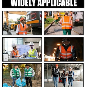 Puede incluir: Un collage de im&aacute;genes que muestran a trabajadores con chalecos de seguridad. Las im&aacute;genes incluyen trabajadores de la construcci&oacute;n, equipos de mantenimiento de carreteras, ciclistas y empleados de almac&eacute;n. El texto "WIDELY APPLICABLE" est&aacute; en la parte superior.