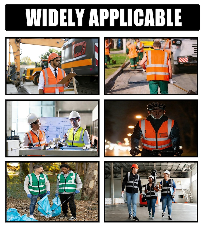 Puede incluir: Un collage de im&aacute;genes que muestran a trabajadores con chalecos de seguridad. Las im&aacute;genes incluyen trabajadores de la construcci&oacute;n, equipos de mantenimiento de carreteras, ciclistas y empleados de almac&eacute;n. El texto "WIDELY APPLICABLE" est&aacute; en la parte superior.