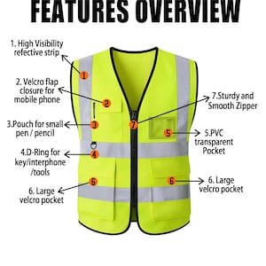 Puede incluir: Chaleco de seguridad de alta visibilidad amarillo brillante, con bandas reflectantes, m&uacute;ltiples bolsillos y una cremallera resistente. Incluye un bolsillo transparente de PVC, un anillo en D y cierres de velcro. El texto "FEATURES OVERVIEW" est&aacute; en la parte superior.