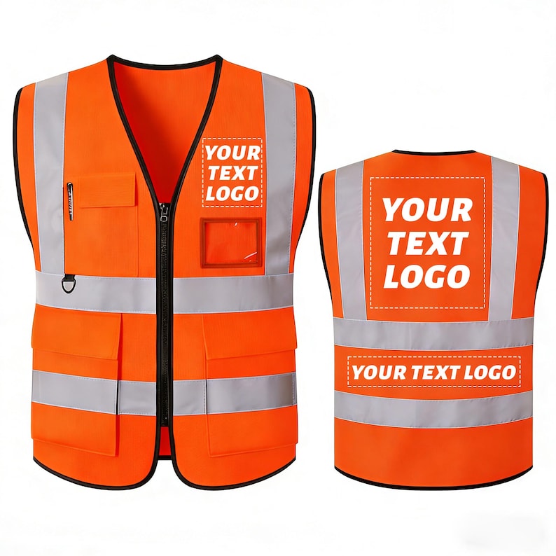 Puede incluir: Chaleco de seguridad naranja brillante con bandas reflectantes plateadas y el texto "YOUR TEXT LOGO". Cuenta con cierre de cremallera, m&uacute;ltiples bolsillos y un portal&aacute;pices. Ideal para construcci&oacute;n o trabajos viales. Medidas m&eacute;tricas.
