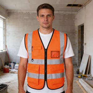 Puede incluir: Un chaleco de seguridad naranja con bandas reflectantes plateadas y m&uacute;ltiples bolsillos. El chaleco tiene una cremallera negra y un bolsillo transparente para identificaci&oacute;n. La persona lleva una camiseta blanca. Para trabajos.