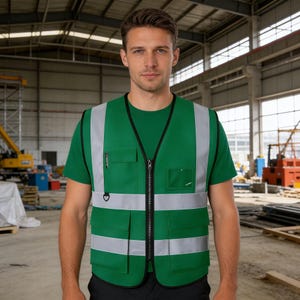 Puede incluir: Un chaleco de seguridad verde con rayas plateadas reflectantes y una cremallera negra. El chaleco tiene m&uacute;ltiples bolsillos y se usa sobre una camiseta verde. El fondo muestra un entorno industrial.