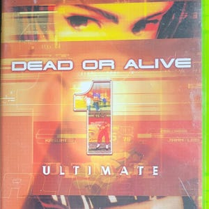 May include: A video game case for "Dead or Alive Ultimate 1" featuring a collage of images and text. The cover has a green border and displays the game's title in white capital letters. The number "1" is prominently displayed with action scenes.