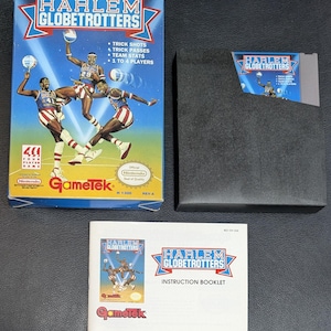 May include: A Harlem Globetrotters video game for the Nintendo Entertainment System, including the original cardboard box, a black plastic game cartridge, and an instruction booklet. The box art features three basketball players in uniform.