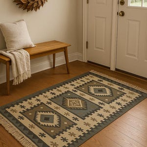 Vintage Wool Jute Kilim Rug, Handwoven, Wool and Jute Rug Handmade, Kilim Dhurrie Rug, Traditional Indian jute Area rug Kilim dhurrie rug