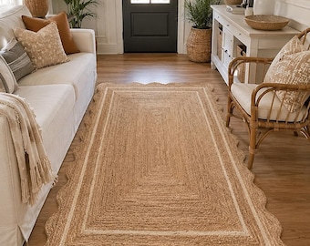 Alfombra de yute con borde festoneado, alfombra tejida a mano de fibra natural, alfombra para sala de estar de estilo rústico, alfombra bohemia costera, decoración neutra para el hogar