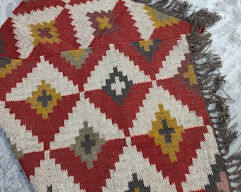 Handwoven Wool Jute Kilim Rug: Bohemian Dhurrie, Indian Design