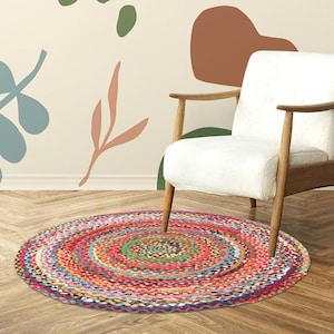 Hand Braided Bohemian Colorful Cotton Chindi Area Rug multi color Home Decor Rugs cotton area rugs Round Rug Home Decor Rag Rug Area Rug