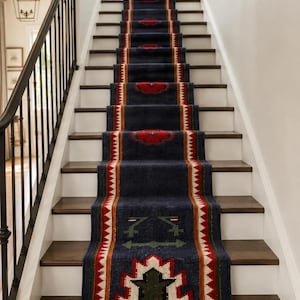 May include: A long, rectangular stair runner rug featuring a deep navy blue base with repeating geometric patterns in red, white, and green. The runner has a fringed edge at the bottom and is centered on a staircase with dark wood treads.