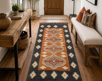 Alfombra de estilo suroeste, alfombra kilim tribal tejida a mano, alfombra bohemia de estilo rústico, alfombra geométrica rústica de lana, decoración del hogar occidental
