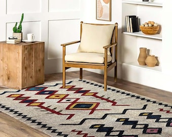 Alfombra Kilim de yute y lana tejida a mano: Dhurrie tradicional india