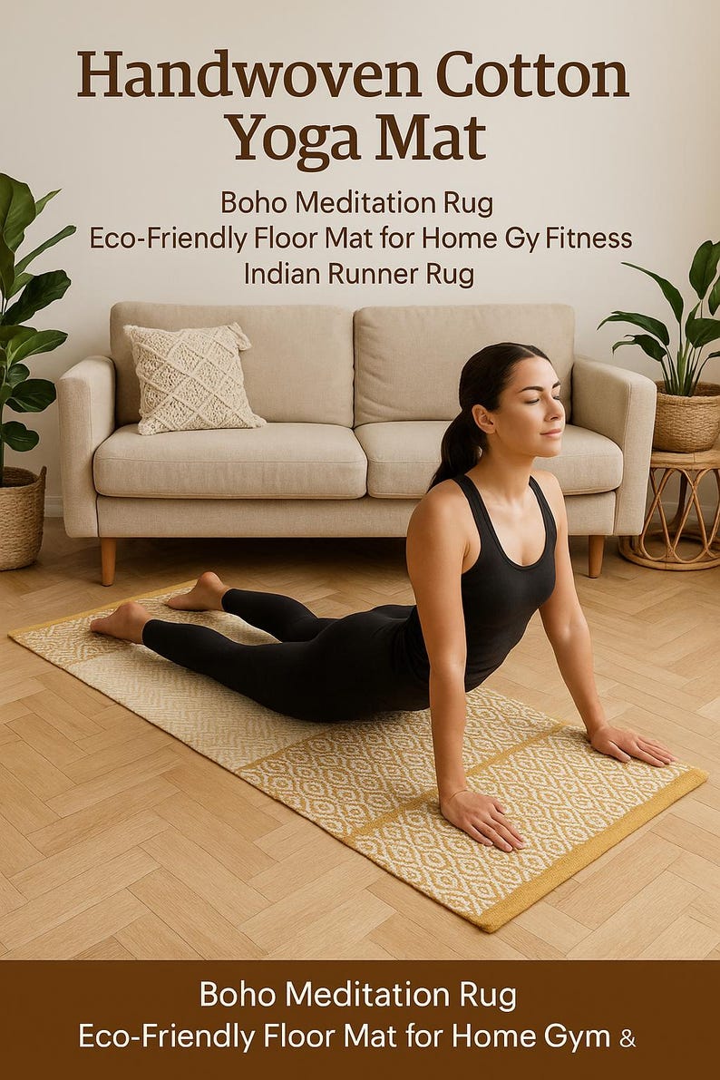 Puede incluir: Esterilla de yoga de algod&oacute;n tejido a mano con un dise&ntilde;o geom&eacute;trico en amarillo y crema. La esterilla est&aacute; etiquetada como "Boho Meditation Rug" y "Eco-Friendly Floor Mat for Home Gym & Fitness". Una persona est&aacute; haciendo yoga en la esterilla.