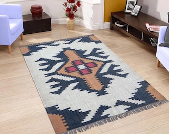Handmade Wool Jute Rug, Navajo Kilim Style, 5x7 Accent Rug