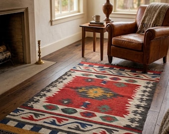 Alfombra Kilim hecha a mano, alfombra tribal bohemia, alfombra geométrica de estilo vintage, alfombra tejida de algodón y lana, decoración rústica para el hogar, alfombra pequeña decorativa.