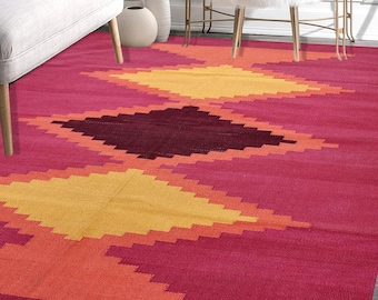 Handwoven Wool Jute Kilim Rug: Bohemian Dhurrie, Indian Design