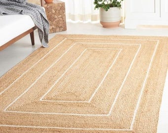Handwoven Natural Jute Rug: Solid Border, Eco-Friendly Braided Carpet