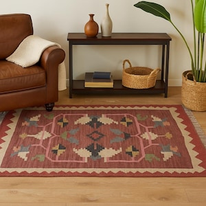 Handwoven Wool Jute Kilim Rug: Bohemian Dhurrie, Indian Design