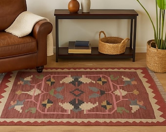 Handwoven Wool Jute Kilim Rug: Bohemian Dhurrie, Indian Design