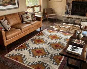 Kilim geométrico Earthbound, alfombra tribal artesanal, alfombra bohemia moderna.