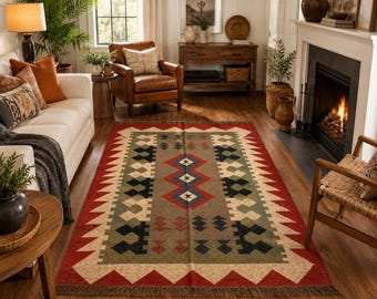 Tappeto Kilim del sud-ovest, tappeto tribale tessuto a mano, tappeto boho ispirato ai Navajo, tappeto rustico in lana stile fattoria, decorazione geometrica