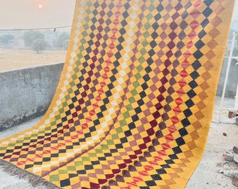 Handmade Jute Kilim Checkerboard Rug – Custom Checkered Dhurrie Area Runner, Durable Home Decor Carpet