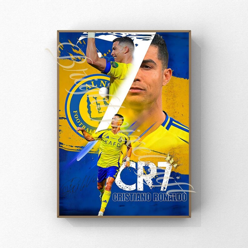 May include: A framed poster featuring Cristiano Ronaldo in a yellow and blue soccer uniform. The poster includes the text "CR7" and "Cristiano Ronaldo" in white, along with a crown graphic. The background is blue and yellow.