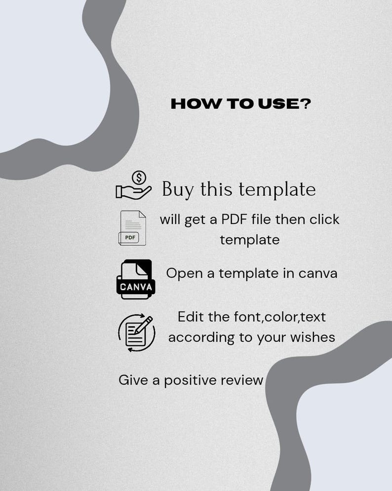 May include: A light grey graphic with the text "HOW TO USE?" and instructions for using a template. The steps include buying the template, opening it in Canva, editing the font, colour, and text, and giving a positive review.