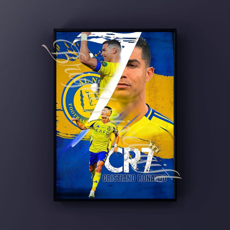May include: Framed poster featuring Cristiano Ronaldo in a yellow and blue soccer uniform. The poster includes the text "CR7" and "Cristiano Ronaldo" in white. The background is a blend of yellow and blue.