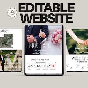 May include: A digital wedding website template with a countdown timer, featuring the names "Eric & Li" and the date "Sunday 07 August." The design includes a ten-page guide and sample website pages.