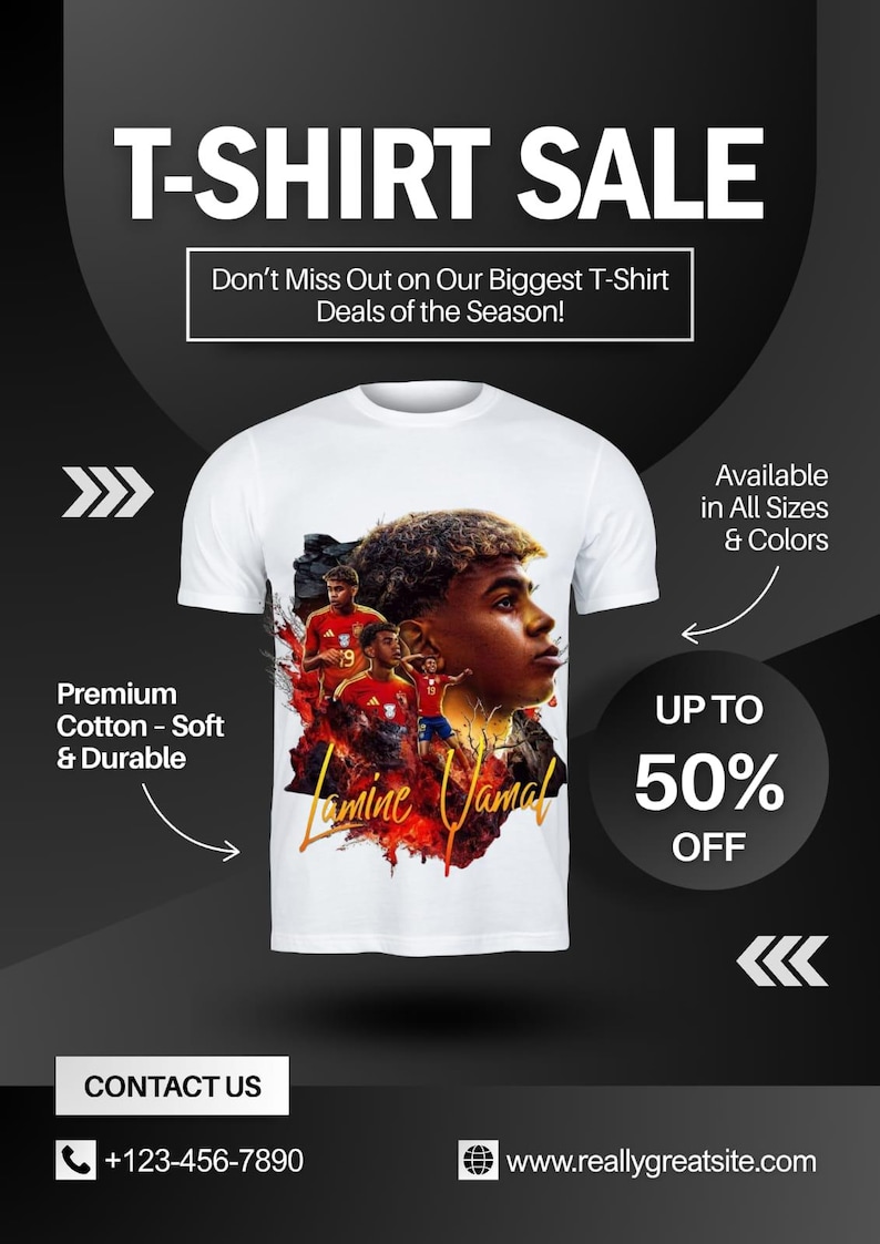 May include: White t-shirt with a graphic of a soccer player and the name "Lamine Jamal". The image also includes the text "T-Shirt Sale" and "Up to 50% Off".