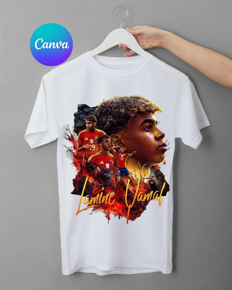 May include: White t-shirt with a graphic of a footballer, the name "Lamine Yamal" in gold script. The design includes images of the player in a red uniform with the number 19, set against a fiery background.