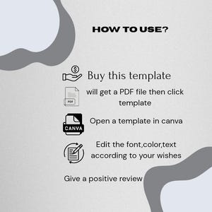 May include: A light gray graphic with the text "HOW TO USE?" and instructions: "Buy this template," "will get a PDF file then click template," "Open a template in canva," "Edit the font, color, text according to your wishes," and "Give a positive review."