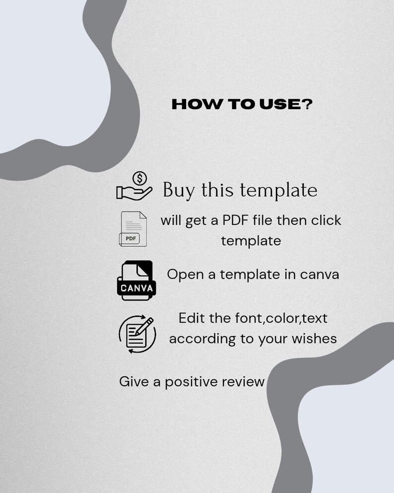 May include: A light gray graphic with the text "HOW TO USE?" and instructions: "Buy this template," "will get a PDF file then click template," "Open a template in canva," "Edit the font, color, text according to your wishes," and "Give a positive review."