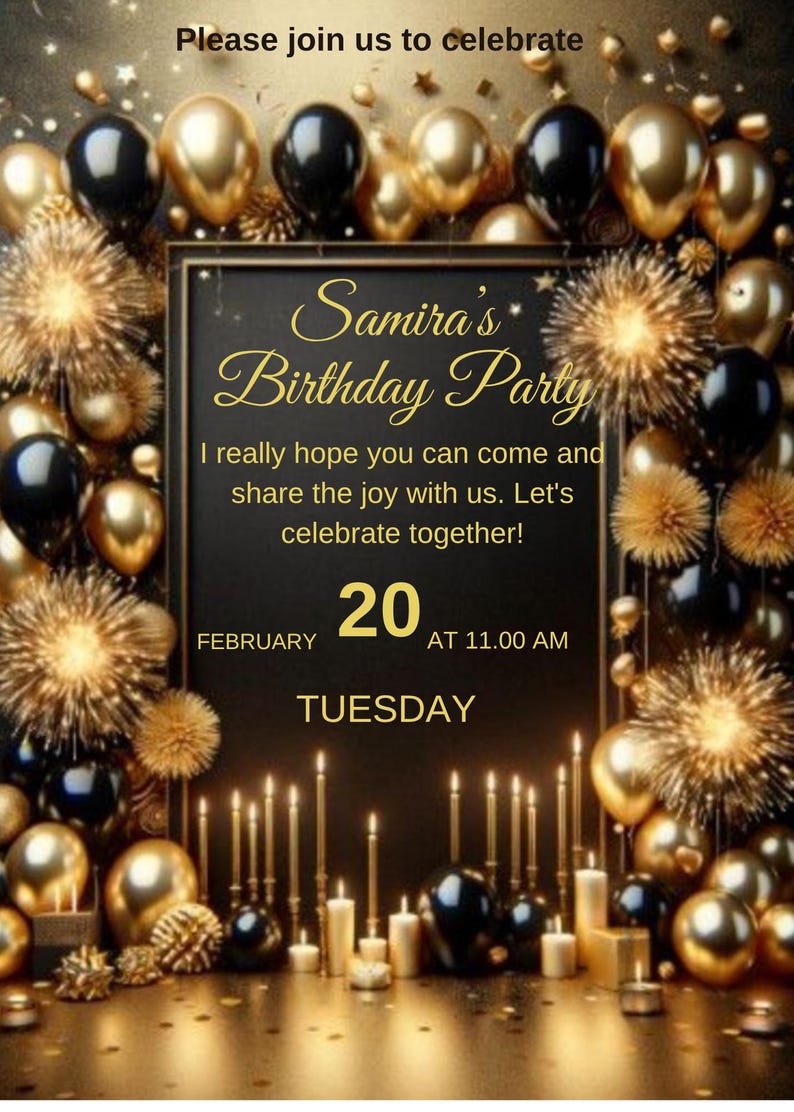 Luxury Black and Gold Birthday Invitation | Elegant Editable Template ...