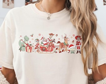 Maglietta natalizia carina Disney Toy Story, maglietta con luci di Natale, maglietta natalizia Buzz Lightyear Woody Jessica Rex Alien, maglietta per feste di Natale