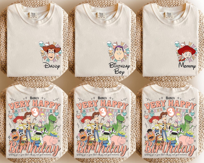 May include: Cream-colored t-shirts with cartoon character graphics and text. One shirt says "Daddy", another "Birthday Boy", and a third "Mommy". The bottom shirts feature a colorful graphic with the text "Very Happy Birthday".
