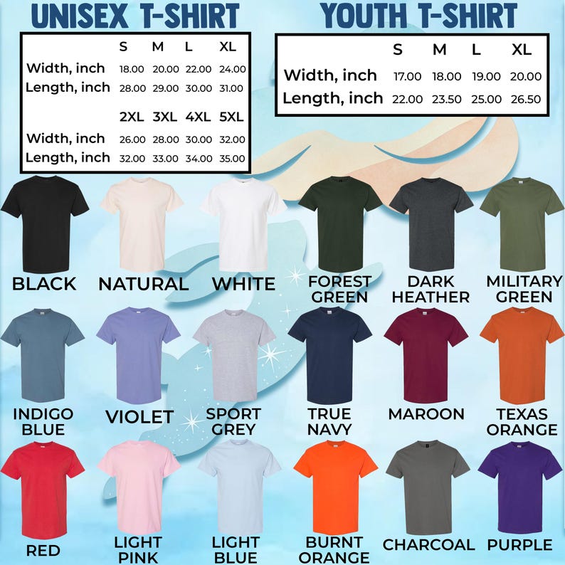Op de afbeelding: Afbeelding van unisex en jeugd t-shirts in diverse kleuren, waaronder zwart, wit en blauw. De afbeelding bevat maattabellen met afmetingen in cm voor zowel unisex als jeugdmaten. De t-shirts worden in een flat lay-stijl gepresenteerd.