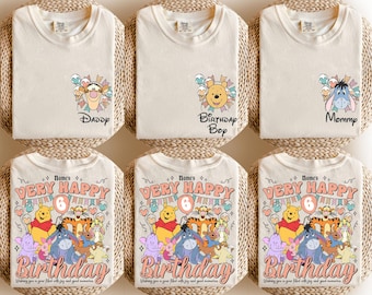 Comfort Color Custom Very Happy Birthday Pooh and Friends Shirt, Disney Character Personalization Disney Birthday Girl Boy Tee, Family Shirt