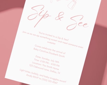 Invitación para niña "Sip and See" • Invitación rosa para fiesta de bienvenida de niña • Plantilla editable de Canva • Descarga instantánea para baby shower "Sip and See" imprimible