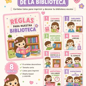 May include: A printable library rules poster set featuring eight colorful cards with kawaii-style illustrations of children and books. The text includes REGLAMENTO DE LA BIBLIOTECA, REGLAS PARA NUESTRA BIBLIOTECA, and eight numbered rules in Spanish.