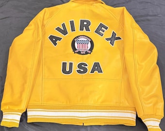 USA Avirex Läderjacka Herr Militär Bomberjacka Äkta Kohud Läder Bikerjacka Avirex Varsity Bomberjacka i Gult Bästa Gåva