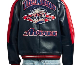 New Avirex The KINGS Leather Jacket Men’s Genuine Cowhide Varsity Bomber Jacket Black Streetwear Fashion Outerwear Jacket Gift for Riders