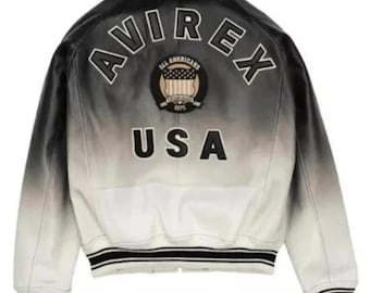 Men’s Avirex Black & White American Pilot Flight Bomber Jacket Genuine Cowhide Leather Inspired Streetwear Jacket, Best Gift for Riders