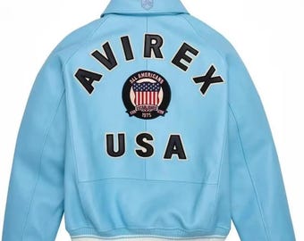 AVIREX USAエディション スカイブルーレザーボンバージャケット、本革牛革モーターサイクルジャケット