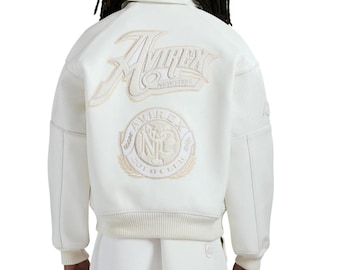 Avirex White Leather Bomber Jacket Gold Club chenille patches  Genuine Cowhide Leather Perforated Biker Jacket Best Gift for Riders