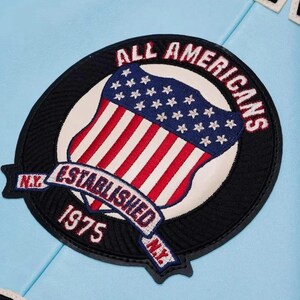 Puede incluir: Un parche circular con borde negro y las palabras "ALL AMERICANS" en rojo. En el interior, un dise&ntilde;o de escudo con rayas rojas y blancas y un campo azul de estrellas. La pancarta dice "ESTABLISHED 1975 N.Y."