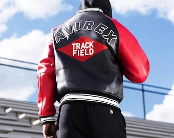 Avirex USA Track Field Edition Real Bomber Leather Jacket 100% Genuine Cowhide Leather Black Red Streetwear Jacket, Best Gift for Riders