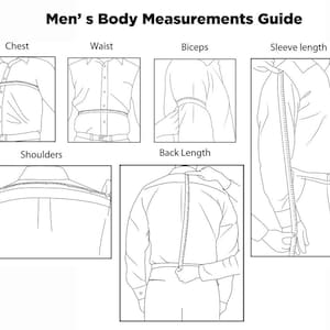 May include: A black and white diagram titled "Men's Body Measurements Guide" showing how to measure chest, waist, biceps, sleeve length, shoulders, and back length. Each measurement is illustrated with a person wearing a button-down shirt and a measuring tape.