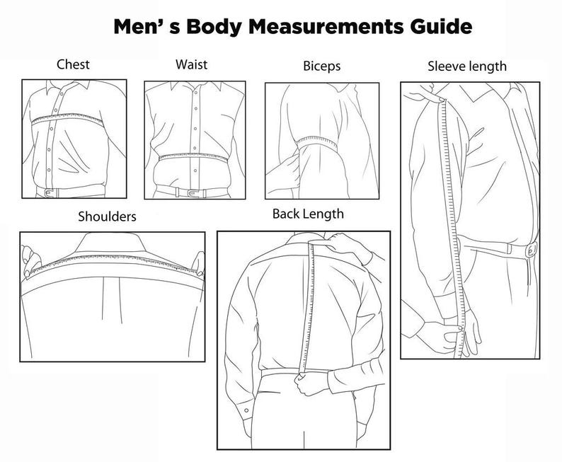 May include: A black and white diagram titled "Men's Body Measurements Guide" showing how to measure chest, waist, biceps, sleeve length, shoulders, and back length. Each measurement is illustrated with a person wearing a button-down shirt and a measuring tape.